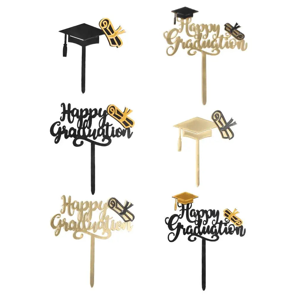 Gold Black Acrylic Happy Graduation Cap Cake Toppers For Student Graduation Party Cake Decor College Celebration Party Decor