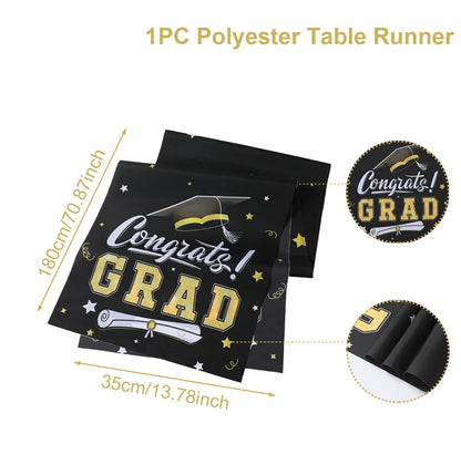 Graduation Table Runner Graduation Decorations 2025 Black Gold Polyester Graduation Table Cloth Prom Grad Party Table Decoration