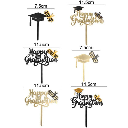 Gold Black Acrylic Happy Graduation Cap Cake Toppers For Student Graduation Party Cake Decor College Celebration Party Decor