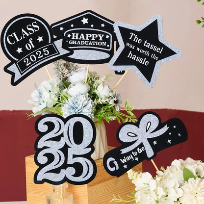 Graduation Decorations 2025 Paper Cupcake Toppers Class of 2025 Grad Centerpiece Sticks Graduation Party Table Topper Decoration