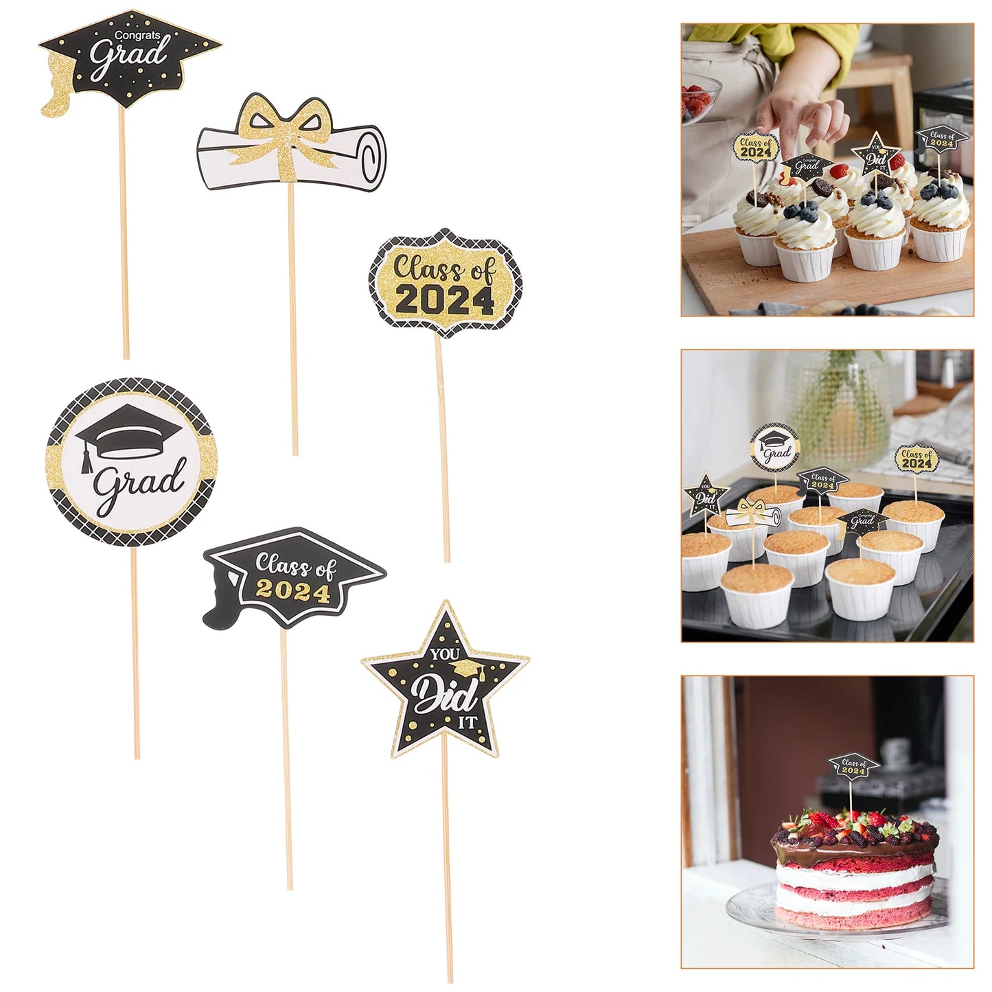 24pcs Cupcake Picks Appetizer Paper Topper 2024 Graduation Theme Cake Picks