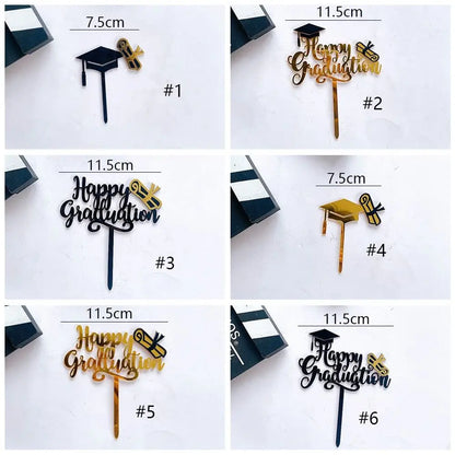 Gold Black Acrylic Happy Graduation Cap Cake Toppers For Student Graduation Party Cake Decor College Celebration Party Decor