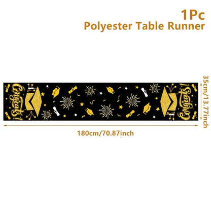 Graduation Table Runner Graduation Decorations 2025 Black Gold Polyester Graduation Table Cloth Prom Grad Party Table Decoration