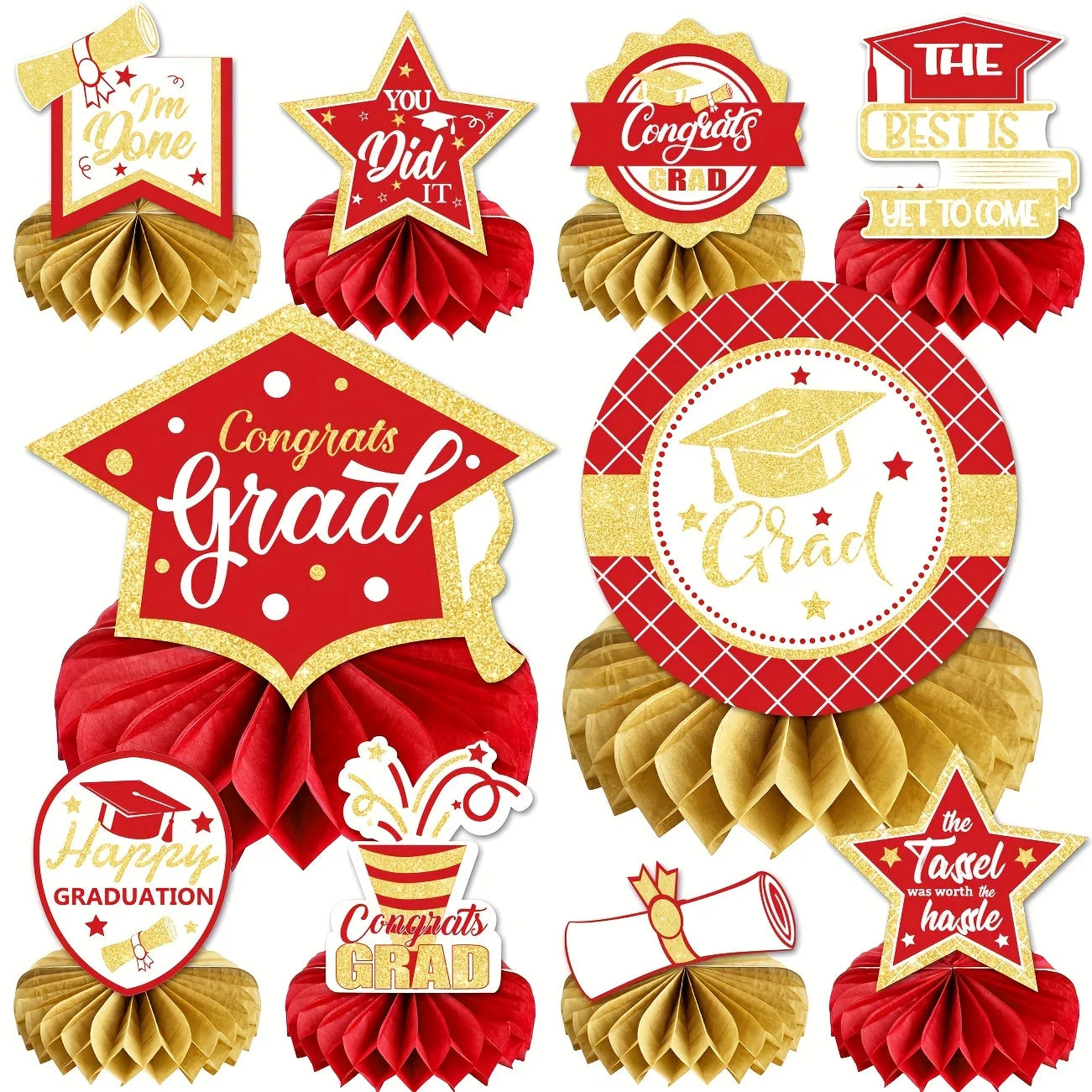 10PCS Class of 2025 Graduation Party Decorations Red Gold 2025 Congrats Grad Honeycomb Centerpieces Congratulate Graduation