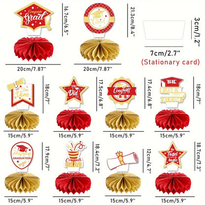 10PCS Class of 2025 Graduation Party Decorations Red Gold 2025 Congrats Grad Honeycomb Centerpieces Congratulate Graduation