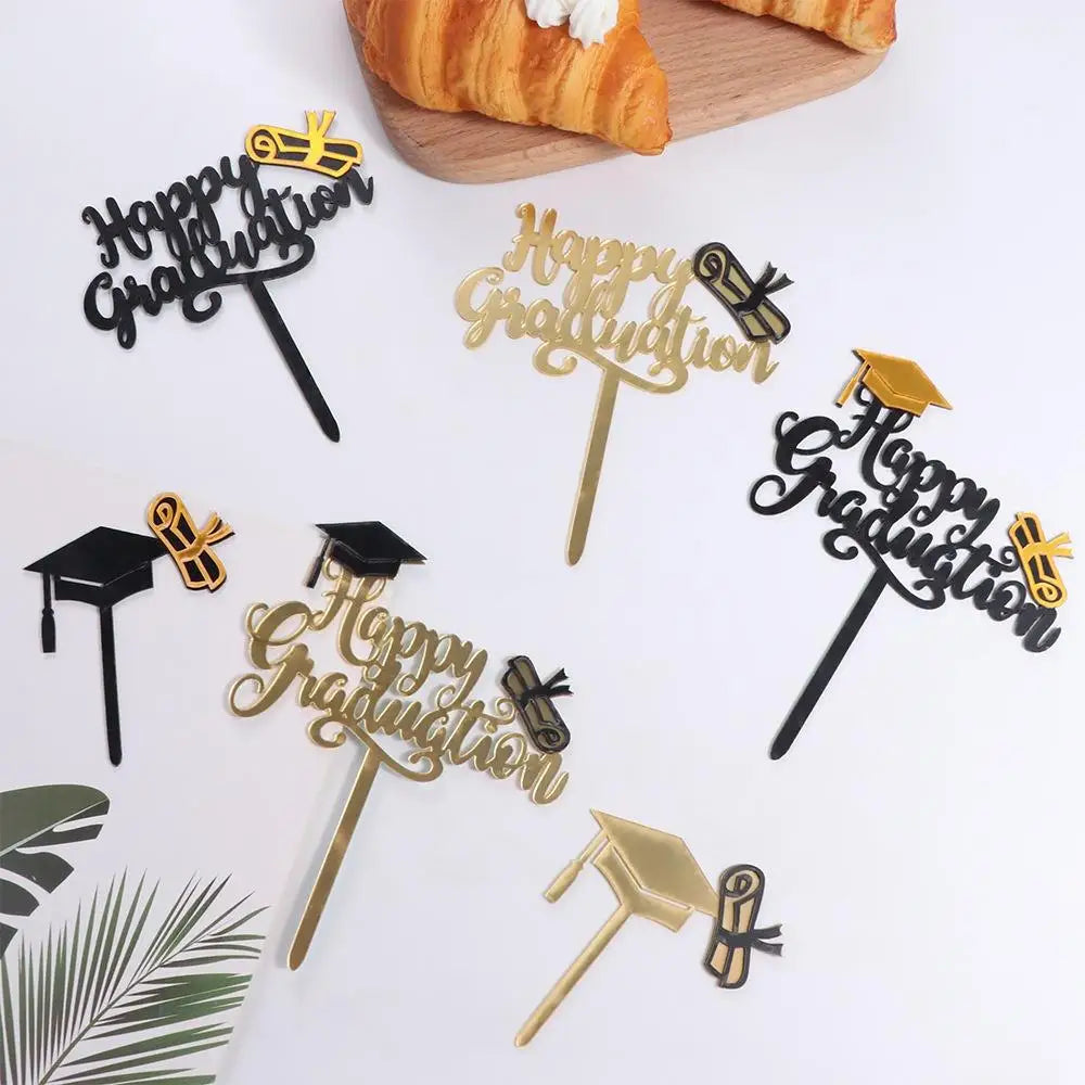 Gold Black Acrylic Happy Graduation Cap Cake Toppers For Student Graduation Party Cake Decor College Celebration Party Decor