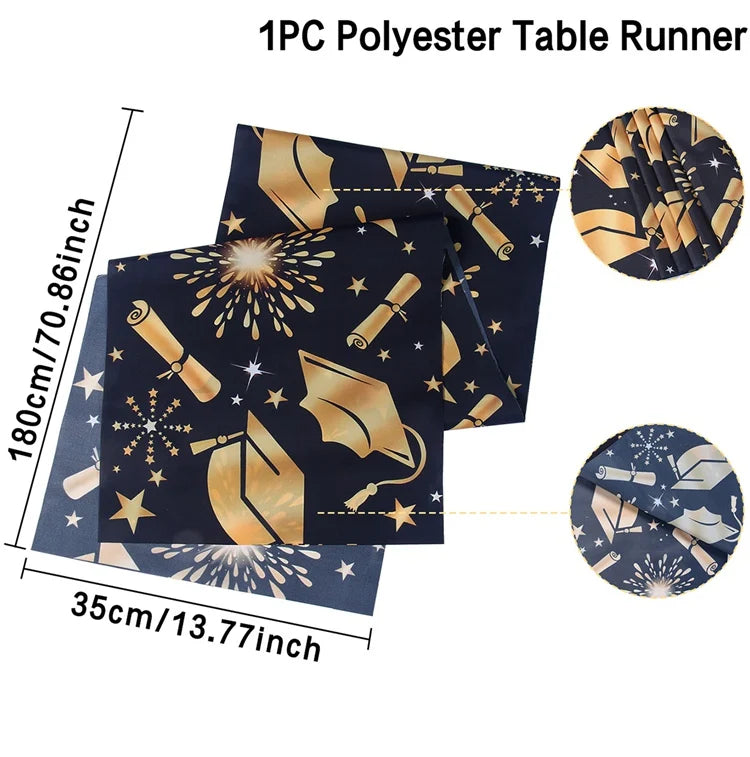 Graduation Table Runner Graduation Decorations 2025 Black Gold Polyester Graduation Table Cloth Prom Grad Party Table Decoration