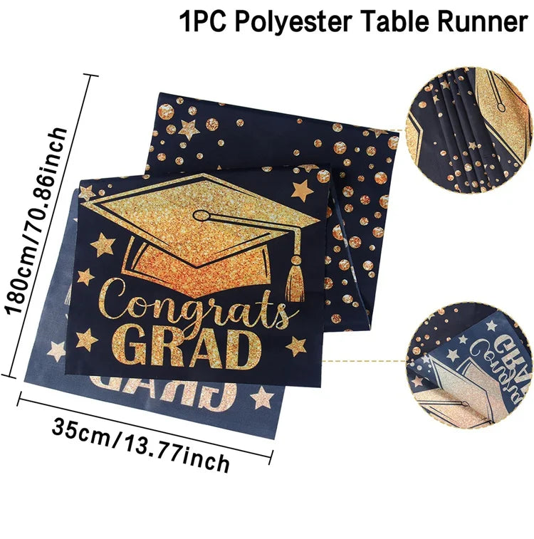 Graduation Table Runner Graduation Decorations 2025 Black Gold Polyester Graduation Table Cloth Prom Grad Party Table Decoration