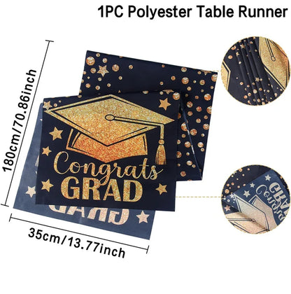 Graduation Table Runner Graduation Decorations 2025 Black Gold Polyester Graduation Table Cloth Prom Grad Party Table Decoration