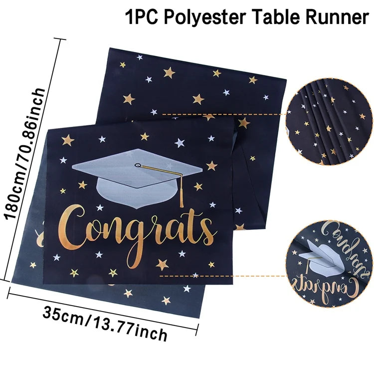 Graduation Table Runner Graduation Decorations 2025 Black Gold Polyester Graduation Table Cloth Prom Grad Party Table Decoration