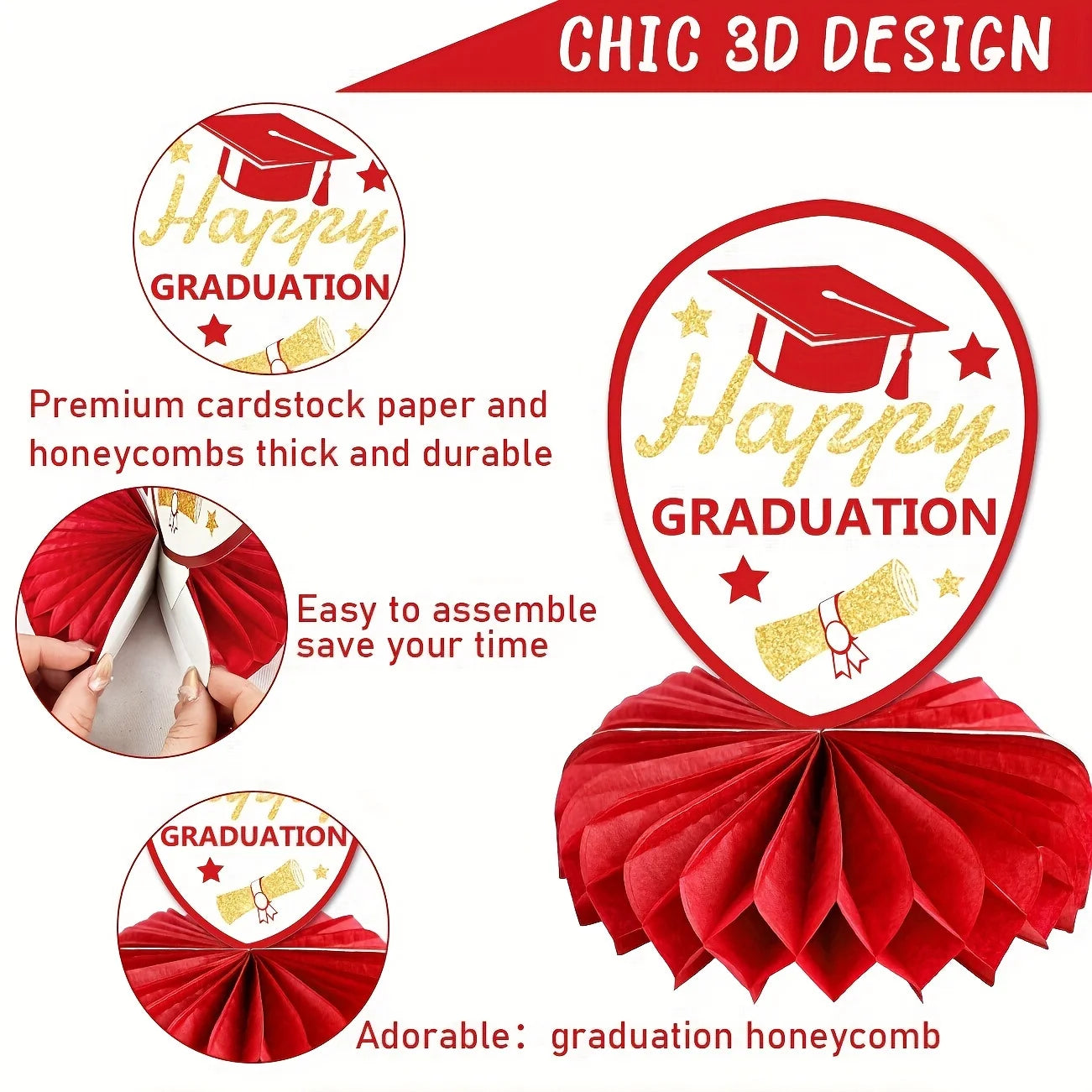 10PCS Class of 2025 Graduation Party Decorations Red Gold 2025 Congrats Grad Honeycomb Centerpieces Congratulate Graduation