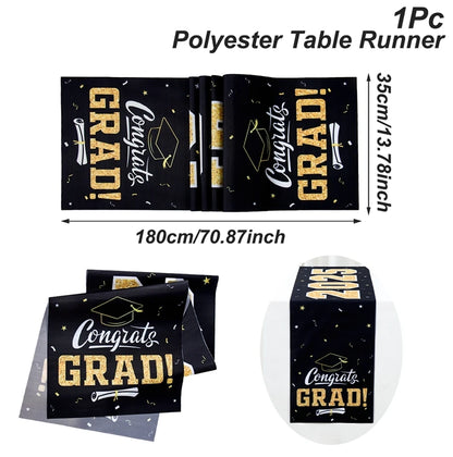 Graduation Table Runner Graduation Decorations 2025 Black Gold Polyester Graduation Table Cloth Prom Grad Party Table Decoration