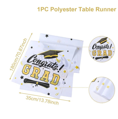 Graduation Table Runner Graduation Decorations 2025 Black Gold Polyester Graduation Table Cloth Prom Grad Party Table Decoration