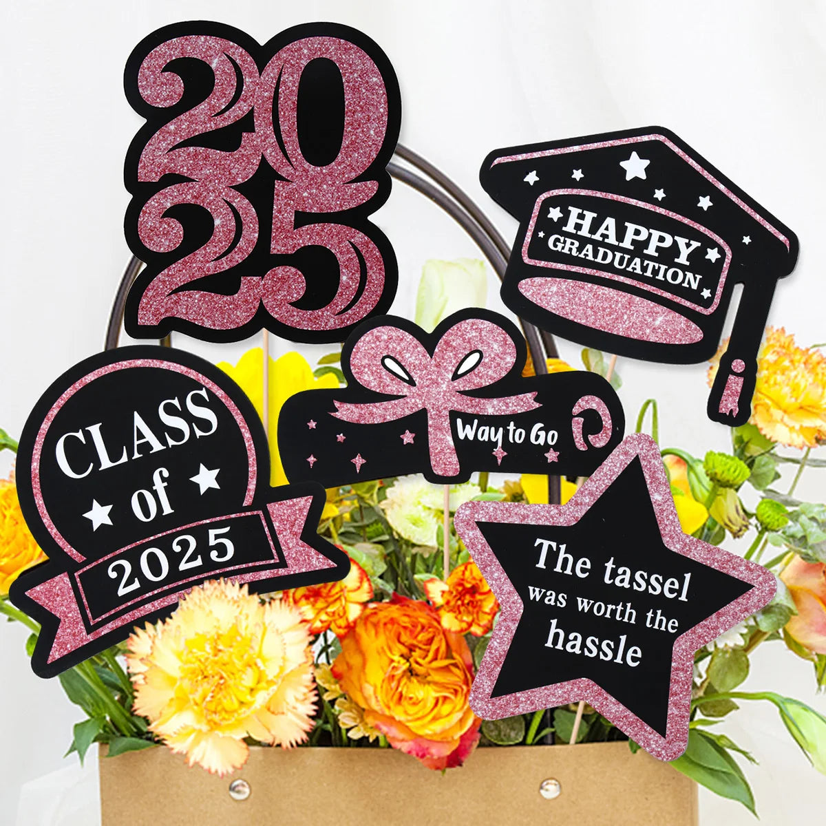 Graduation Decorations 2025 Paper Cupcake Toppers Class of 2025 Grad Centerpiece Sticks Graduation Party Table Topper Decoration