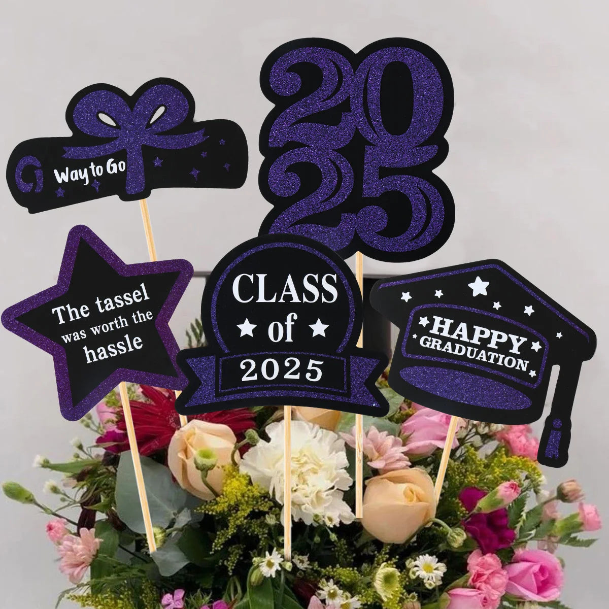 Graduation Decorations 2025 Paper Cupcake Toppers Class of 2025 Grad Centerpiece Sticks Graduation Party Table Topper Decoration