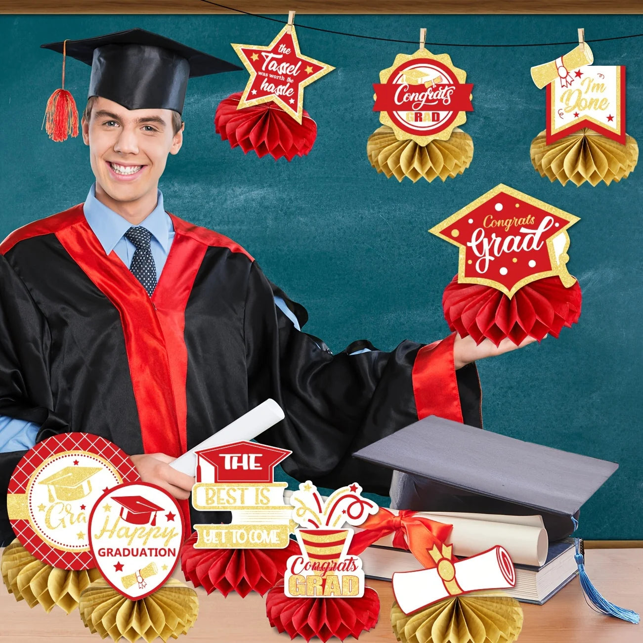 10PCS Class of 2025 Graduation Party Decorations Red Gold 2025 Congrats Grad Honeycomb Centerpieces Congratulate Graduation