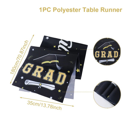 Graduation Table Runner Graduation Decorations 2025 Black Gold Polyester Graduation Table Cloth Prom Grad Party Table Decoration