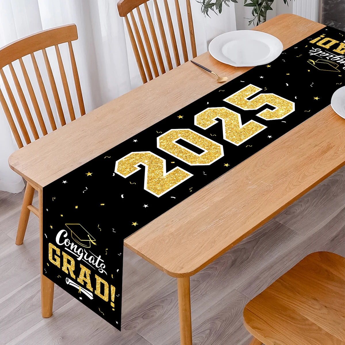 Graduation Table Runner Graduation Decorations 2025 Black Gold Polyester Graduation Table Cloth Prom Grad Party Table Decoration